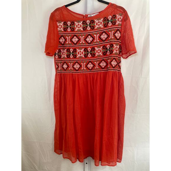 Zara Embroidered Boho Dress - Women Size L - Red - Picture 1 of 5